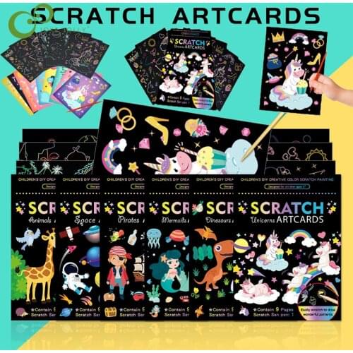 1Set Magic Color Rainbow Dinosaur Unicorn Cartoon Scratch Art Painting Paper Card Kit Drawing Stick Kids DIY Drawing Toys ZXH