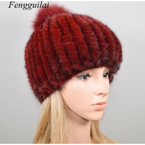 2020 New Lovely Real Mink Fur Hat Women Winter Knitted Real Mink Fur Beanies Hats Fox Fur Pom Poms Thick Warm Real Mink Fur Cap
