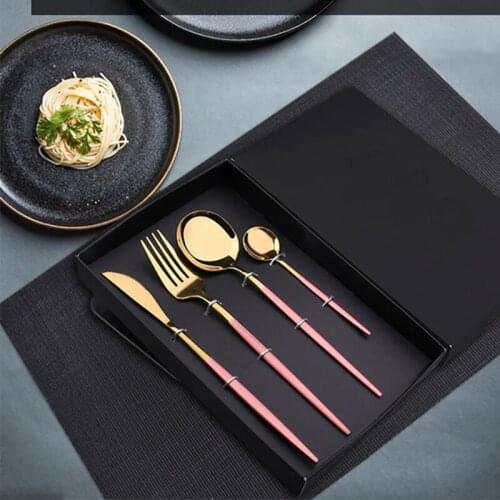 4pcs Pink Gold Dinnerware Set Stainless Steel Cutlery Set Knive Fork Spoon Kit Dinner Set Kitchen Tableware Promotion Gift Box