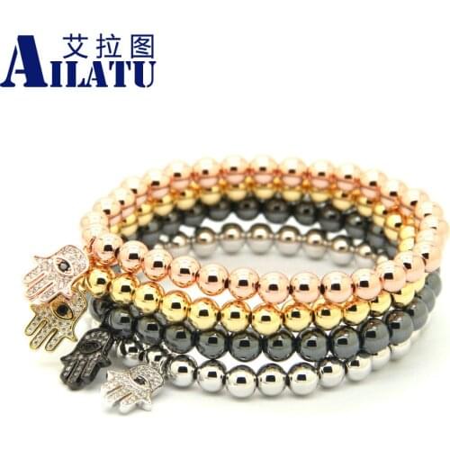 Ailatu 6mm Bronze Beads Micro Inlay Zircon Fatima Hand Hamsa Cz Handmade Strech Bracelet