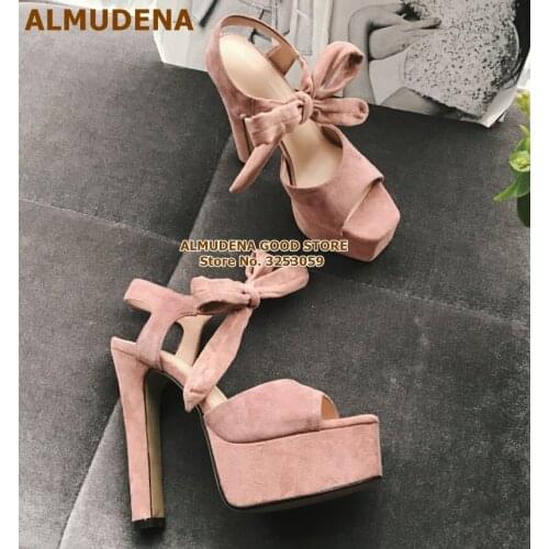 ALMUDENA Chunky Heel Platform Bowtie Gladiator Sandals Pink Red Green Suede Lace-up Dress Pumps Slingback Bowknot Wedding Shoes