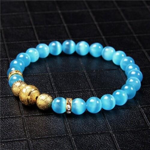 Natural Stone Beads Bracelet Men 8mm Shiny Blue Cat Eye Stone Beads Bracelet Round Golden Ball Charm Yoga Bracelet for Women Men