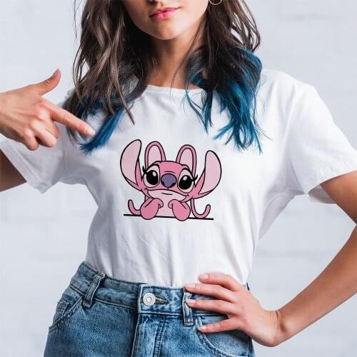 T Shirt Women Summer New Products Disney Short Sleeve Black White Lilo & Stitch Cartoon Printing T-Shirt Female Comfortable Cute