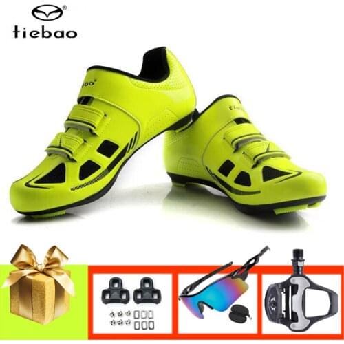 TIEBAO Road Cycling Shoes Men Women Zapatillas Ciclismo Breathable Self-locking Racing Bicycle Flat Sneakers Add Pedals Glasses
