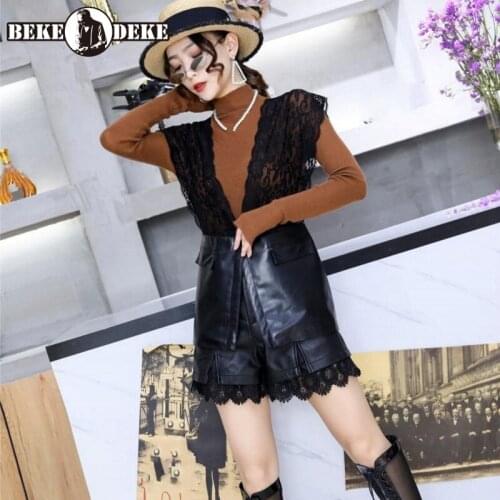 Lace Vintage Vest Womens New Genuine Leather Spliced Slim V-Neck Fashion Vest Jacket Office Lady Pockets Sheepskin Elegant Vest