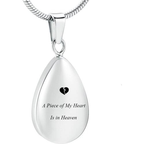L36 Custom Engrave Stainless Steel Teardrop Cremation Ashes Pendant for Beloved Ones Keepsake-A Piece of My Heart Is in Heaven