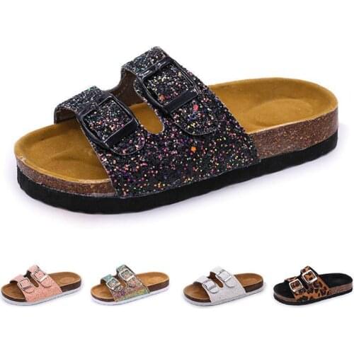 Summer Beach Shoes Kids Slippers For Girls Cork Sandals Bling Sequins Parent-child Shoes Leopard Barefoot Slippers High Quality