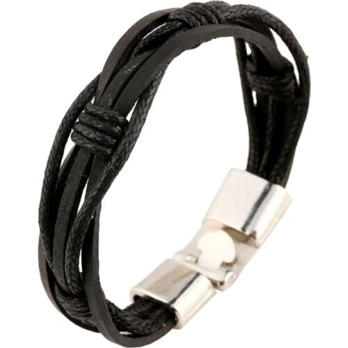 New Punk Vintage Handmade Woven Alloy Cuff Men Genuine Leather Bracelets For Women Men Fashion Jewelry Accessories