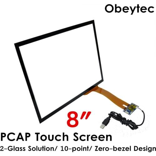 Obeycrop 8" Projected Capacitive Touchscreen, Wide screen, USB/I2C Controller, 3 mm Cover glass for industrial area, Driver free