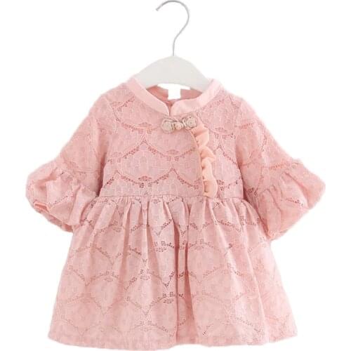 Autumn Chinese Style Lace Girls Dress Baby Girls Dresses Children Clothing Vestidos Infantis Toddler Girl Clothing red pink 0-2T