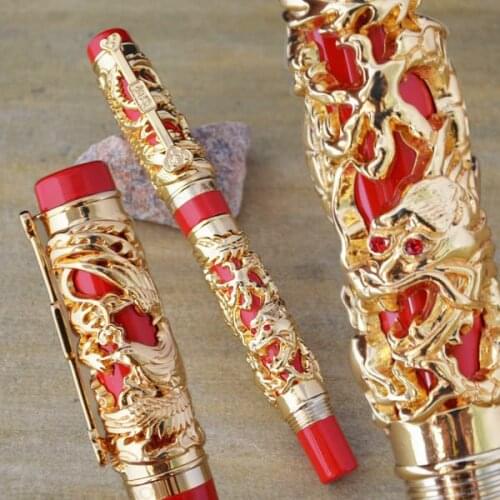 FOUNTAIN PEN JINHAO RED AND GOLDEN DRAGON AND PHOENIX 18KGP MEDIUM NIB