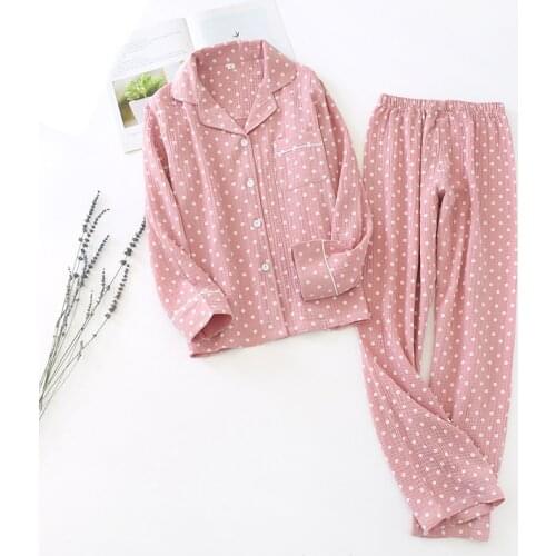 Spring and Autumn New Men and Women Lovers Pajamas Set Dot Printed Simple Style Turn-Down Collar Sleepweear Full Cotton Homewear