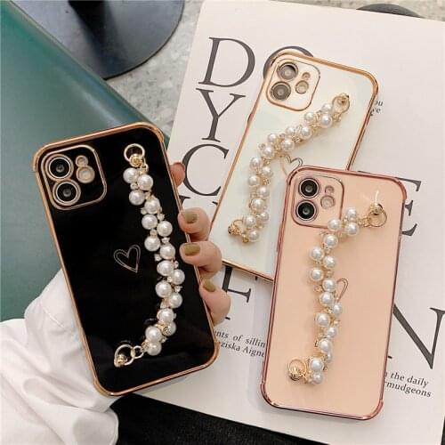 For iPhone 12 Mini 11 Pro Max XR X XS Max SE 2020 7 8 Plus Gold Love Heart Pearl Bracelet Phone Case TPU Shockproof Protective