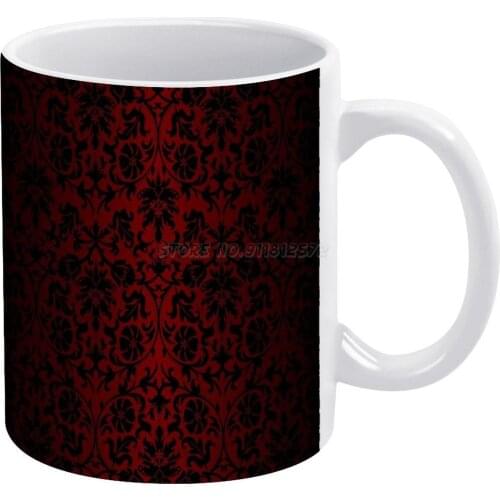 Dark Red And Black Damask Pattern White Mug Vintage Mug New Unisex Size Mug Dark Red Black Floral Damask Flower Gradient Wallpap