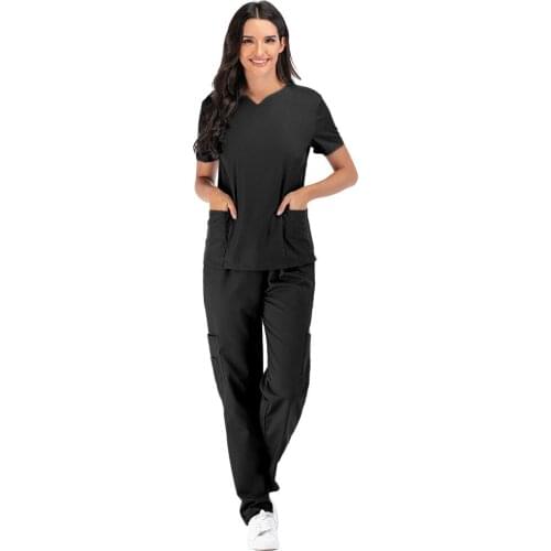 Women Men Casual Solid Tops+Pants Nurse Uniform 2021 Short Sleeve V-neck Button Tops+trousers Nursing Working Uniform Pocket