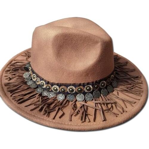 Bohemian West Cowboy Hat Imitation Wool Felt Metal Bull Head Decoration Sombrero Women Hats