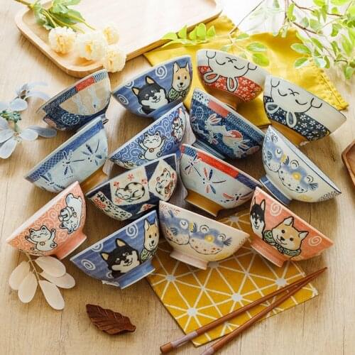 Japanese Cartoon Ceramic Bowl Lucky Cat Puffer Fish Creative Cute Modern Design Axis Color Gift Couple Kitchen Supplies