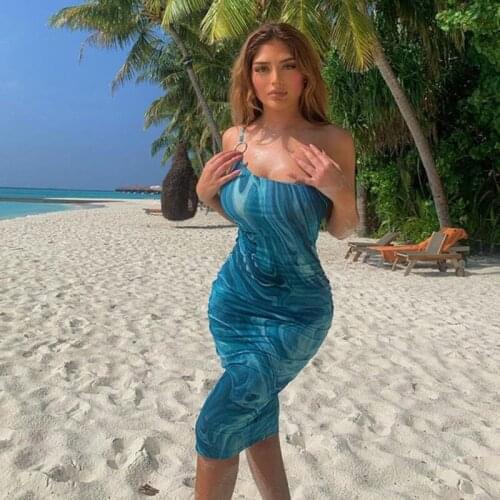 Tie Dye Bodycon Dress Summer Backless Sleeveless One Shoulder Ring Dresses Summer Holiday Printed Beach Party Dress 2021 Blue