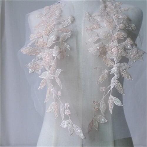 2pc Exquisite Pearl Beaded Lace Applique With Sequins On Mesh For DIY Bridal Belt Headpiece Fabric Patch