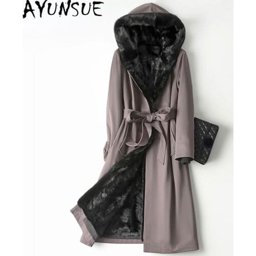 AYUNSUE Womens Winter Parkas 2021 Autumn Elegant Hooded Real Mink Fur Liner Jackets Women Warm Fur Coat Casaco Feminino Gxy491