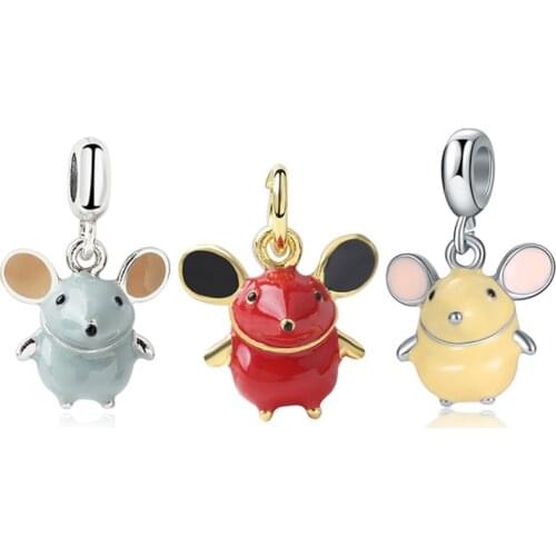 Enamel Mouse Pendant Fit Original Pan Bracelet Cute Rat Animal Charm Bangle Beads DIY Jewelry for Women Trinket Xmas Friend Gift