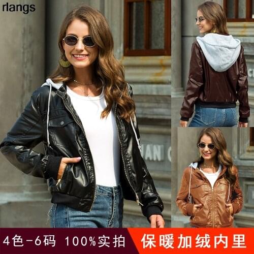 European And American Short Leather Jacket Winter Ladies Plus Velvet Thick Hooded Leather Jacket Women Short Jacket S-3XL
