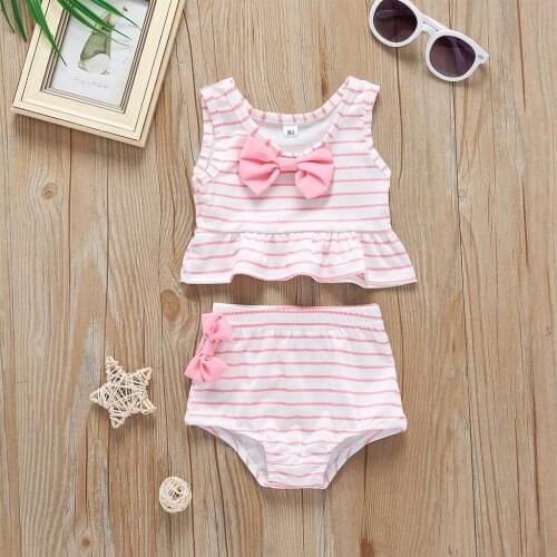 Toddler Kids Baby Girl Pink Bow Swimsuit Striped Bathing Suit Bikini Summer Cute Baby Toddler Baby Swimsuit Beachwear L1128
