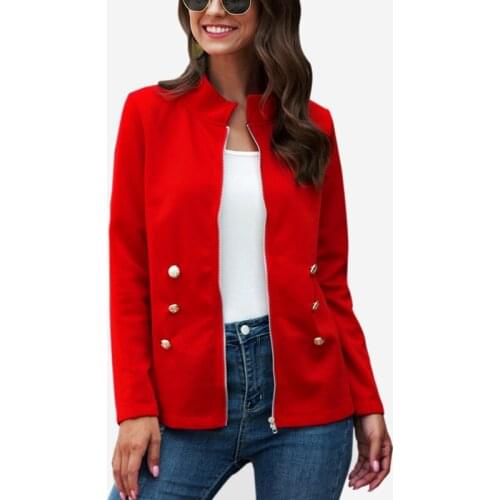 Button Stand Collar Women Jacket Fashion Autumn Street Long Sleeve Red Zipper Up Coat Office Work Lady Slim Outwear Clothing
