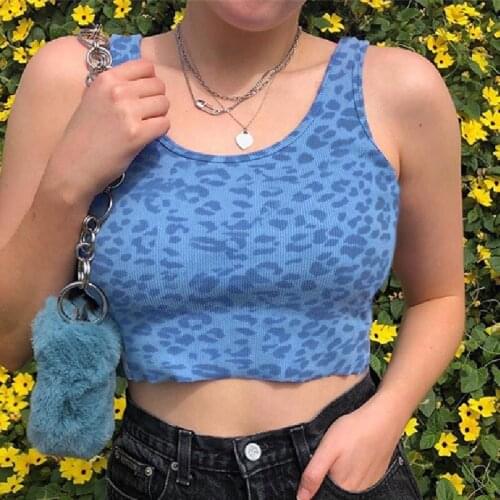 Leopard Stylish Rib Knit Vest Womens Wild Sleeveless Casual Slim Fitting Round Neck Cropped Tank Top for Summer Daily