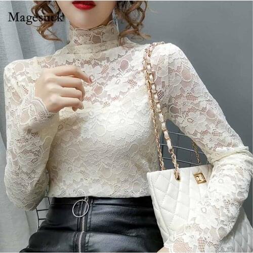 2020 Autumn Female Sexy Hollow Out Womans Shirts 5 Colors Fashion Korean Style Womans Blouses Long Sleeve Slim Lace Top 10812
