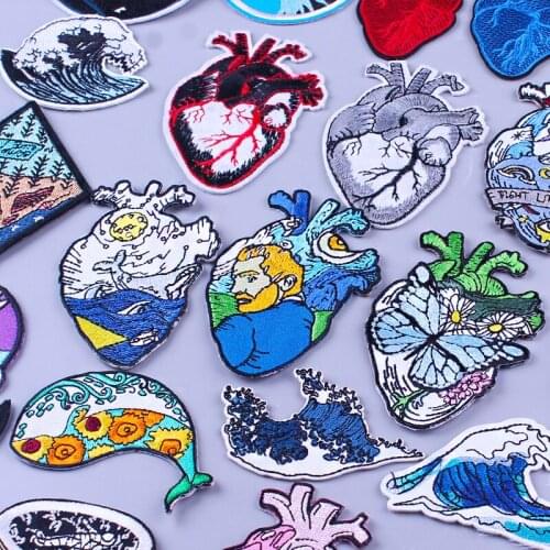 Punk Heart Iron On Patches For Clothing Sticker Ocean Whale Rose Butterfly Embroidered Patches For Clothes Fabric Patch On Jeans