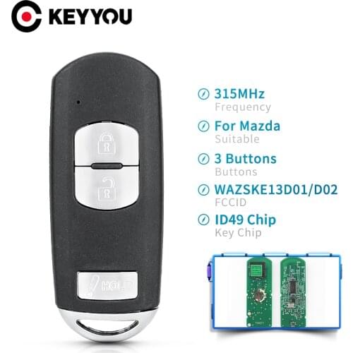 KEYYOU FSK 315MHz ID49 Chip Remote Car Key for Mazda 3 6 MX-5 Miata 2013-2019 3 Buttons WAZSKE13D01 WAZSKE13D02