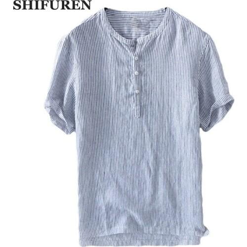 SHIFUREN Pure Linen Shirts Short Sleeve Tops Striped Breathable Causal Male Social Dress Shirts Masculina Camisas Size M-XXL