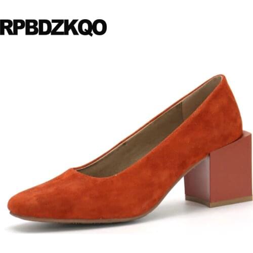 Suede 2018 Block Vintage Top Quality Retro Square Toe Pink High Heels Elegant 3 Inch Orange Pumps Shoes Size 4 34 Women Luxury