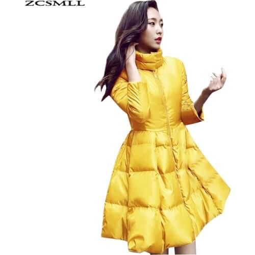 ZCSMLL Black Women Parkas Stand Collar Long Sleeve Big Skirt Coat Korean Fashion Winter Jacket Women 2021 yellow