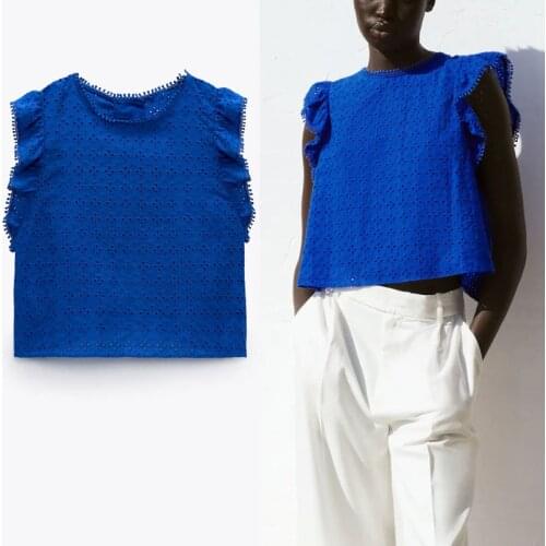 ZA 2021 Blue Summer Embroidered Blouse Women Sleeveless Ruffle Openwork Top Fashion Back Button Vent Vintage Female Shirts