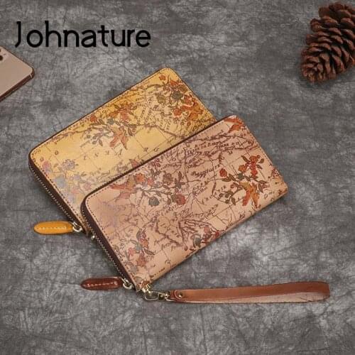 Johnature 2020 New Retro Hand Wallet Genuie Leather Women Handmade Printed Wallets Card Holder Leisure Cowhide Phone Purse