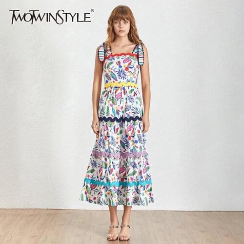 TWOTWINSTYLE Summer Vintage Colors Print Women Dress Square Collar Spaghetti Strap High Waist Slim A-line Mid Calf Dresses 2020