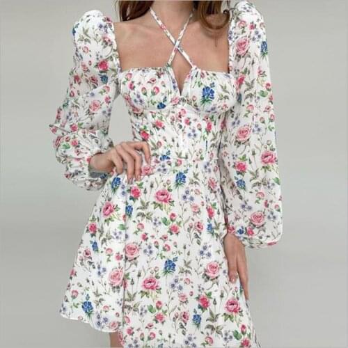 Women Spring Autumn Floral Print A-line Dress Tie-up Backless Puff Sleeve Square Collar Short Dress for Female