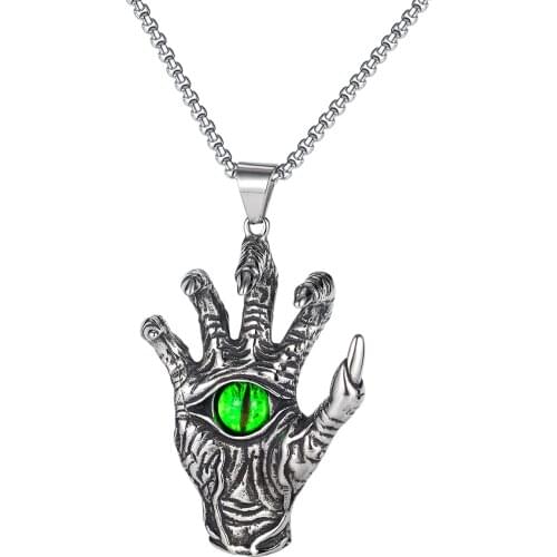 2021 Stainless Steel Green Evil Eye Hand Pendant Man Necklace Vintage Punk Hip Hop Jewelry Gothic Accessories Statement Necklace