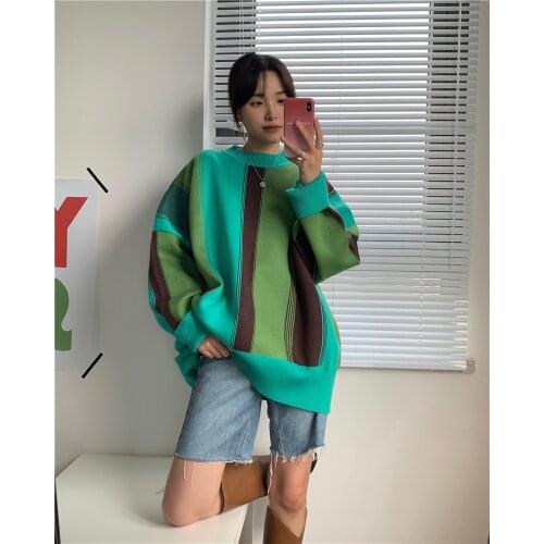 2021 Casual Vintage Striped Print Girls Pullover Autumn Thick Warm Long Sleeve Hoodies Plus Size Loose Women Sweatshirts