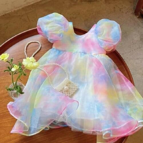 2020 Girls Princess Dress Striped Flying Sleeve Kids Belt Red Blue Kids Clothes Party Dress
