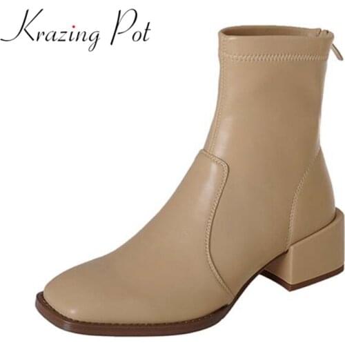 Krazing pot genuine leather chic square toe Chelsea boots thick heels winter British school dating wear stretch ankle boots l02