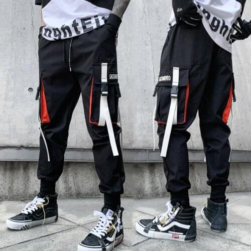 New Mens Hip Hop Jogging Pants Joggers Black Ribbon Elastic Waist 2021 Loose Sweatpants Streetwear Male Cargo Pant Trousers