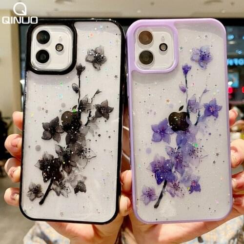 Candy Color Flowers Phone Case For iPhone 12 11 Pro Max X XR XS Max 7 8 Plus SE 2020 Clear Floral Shining Glitter Cover Bumper