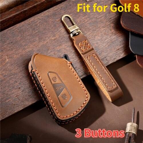 Genuine Leather Car Key Case Cover for VW Volkswagen Golf 8 Mk8 2020 Skoda Octavia Smart Keyless Remote Holder Accessories