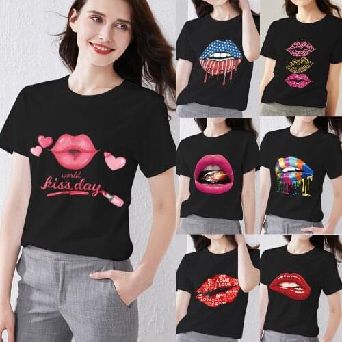 Black All-match Womens T-shirts O-neck Sexy Lips Pattern Series Tops Classic Commuter Ladies Short Sleeve Tee Women Clothing