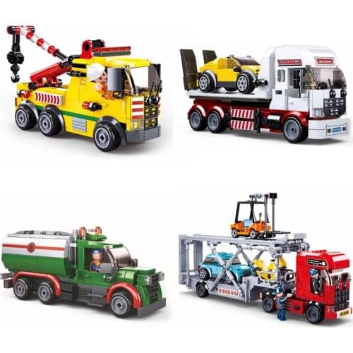 City Car Service Center Crane Tanker Truck Trailer Transporter Building Blocks Kit Bricks Classic Model Kids Toys Children Gift