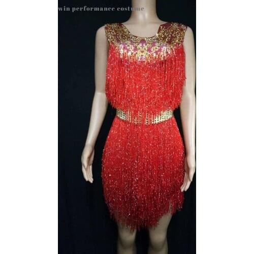 Adult Women Latin Ballroom Dance Costume Red Fringe Tassel Rhinestones Bodysuit Dress Sexy Singer Ds Stage Performance Clothes