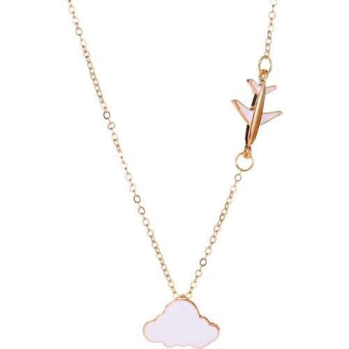 Creative Cartoon Cloud Airplane Pendant Necklace Elegant Women Party Gold Long Chain Jewelry Sweet Cute Girl Fashion Accessories